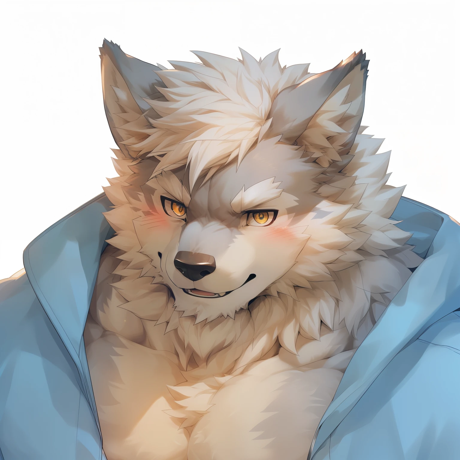 solitary, anthropology, hairy, hairy male, Wolf, ((Fluffy fur, Fluffy, hairy body)), (Wolf印), (Short beard), youth, Gray body, muscular, White, Big Muscle, Golden pupils, Tail, deTailed teeth, deTailed face, fund, bridegroom, ((Open neckline)black), (black紧身裤), With a pistol, Standing shyly in front of the police car, deTailed Fluffy fur, deTailed face, ((Look up at the audience)), majestic, brutal, A faint smile, blush, Strong, City Streets, Half sideways, ((top view)), (By Empty Ghost, From wolf26, masterpiece, high quality, high resolution,8K), Everlasting, Full body portrait, outdoor,