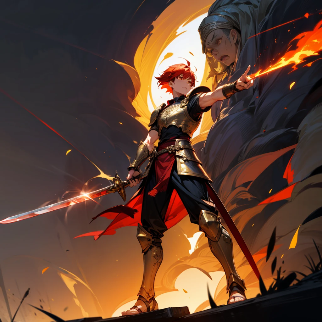 1boys, Full body version, orange eyes, undercut hair, red colour hair, very angry expression, gladiator clothing, short sleeve shirt, gladiator skirt, gold big armor body, bodybelt, gladiator sandals, Spatha sword in hand, (war gesture), Grassroots background in war, smoke, silhouette of sunlight, glare of sunlight behind, blood on face, blood on armor, blood on hand, full of background light, fire, burning fire, bloody in faces