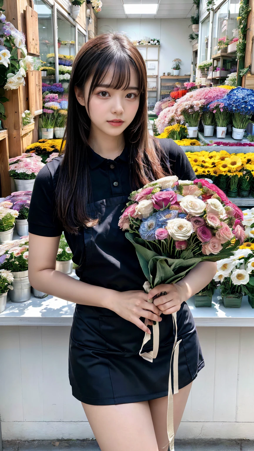 (8K, RAW Photos, Highest quality, masterpiece:1.2), (professional photography, full colors, studio-caliber color grading), (Gravure quality for high-end fashion magazines), close up, BREAK,18 year old girl, (straight hair:1.1), crying a little, Harajuku style, Big Natural Color Lip, (Plumpy body:1.2), (smooth skin:1.1 (huge breasts:1.1 BREAK detailed cloth texture, break, (A tight polo shirt that expresses the roundness and softness of your chest.:1.2 (tight skirt1.1 (black apron:1.2 BREAK (beautiful scenery), ((behind flower shop:1.2)), standing, ((hold a big bouquet:1.2)), (parted lips),