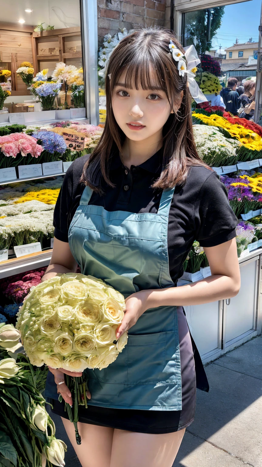 (8K, RAW Photos, Highest quality, masterpiece:1.2), (professional photography, full colors, studio-caliber color grading), (Gravure quality for high-end fashion magazines), close up, BREAK,18 year old girl, (straight hair:1.1), crying a little, Harajuku style, Big Natural Color Lip, (Plumpy body:1.2), (smooth skin:1.1 (huge breasts:1.1 BREAK detailed cloth texture, break, (A tight polo shirt that expresses the roundness and softness of your chest.:1.2 (tight skirt1.1 (black apron:1.2 BREAK (beautiful scenery), ((behind flower shop:1.2)), standing, ((hold a big bouquet:1.2)), (parted lips),