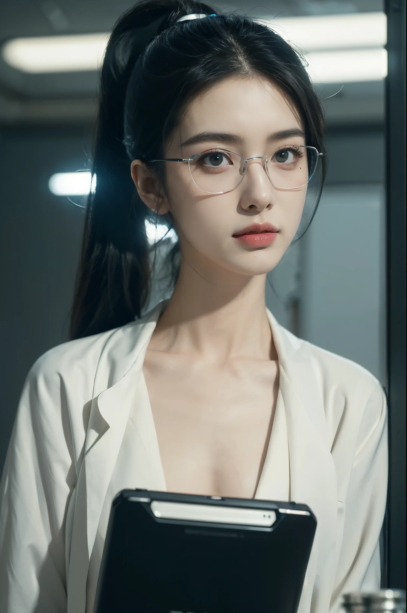 (((best quality))),(((ultra detailed))),(((masterpiece))),illustration,((1 beautiful girl,solo)),((slim,thin)),((small breasts,flat chest)),futuristic laboratory, ((stylish glasses,detailed eyes)), intelligence, white lab coat,(short ponytail:1.2), flawless skin, cyberpunk vibe, high-tech equipment, darkened lighting, high-altitude lamps, beakers, flasks, test tubes, computer screens, consoles, terminals, scientific wonderland, desolate surroundings, time warp, motionless, deep in concentration, profound scientific mystery, secrets of the universe, beauty, poignancy, essence of science, mystery, alluring appeal, captivating, enchanting