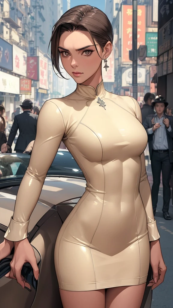 (masterpiece:1.3), (disorganized:1.3), (highest quality:1.3),(perfect anatomy:1.5),perfect finger,(detailed face), solo, femme woman around 25 years old,Army officer,(Steam Punk), (Victorian era),Old Hong kong,(Kowloon area),horizontal angle,((looking at viewer:1.3)), (Super detailed:1.3),(best shadow:0.7),(small breasts),((slicked back short hair:1.1)),(treated hair),fine eyes, beautiful eyes, perky breasts, [Victoria Beckham], [[Kate Beckinsale]], [[[Jenna Coleman]]], [[[Tricia Helfer]]]
,((muscular)),dark skin,alone, standing, crystal earrings,closed_mouth, arm_behind_return,beige latex dress,rest outdoors, intimidating pose,cowboy shot