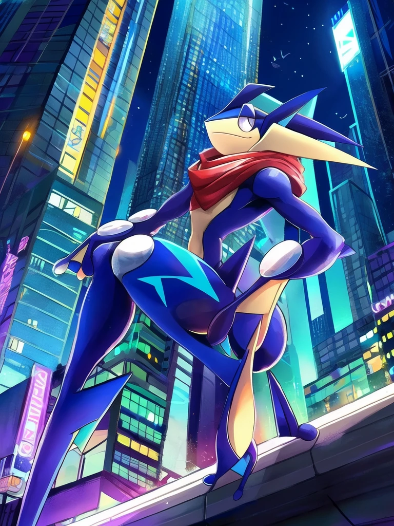 City background, skyscraper, futuristic city, night, stars, night lights, Greninja,
