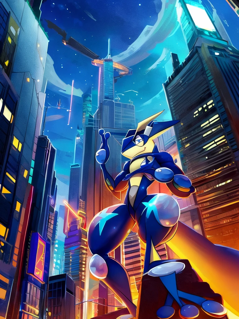City background, skyscraper, futuristic city, night, stars, night lights, Greninja,