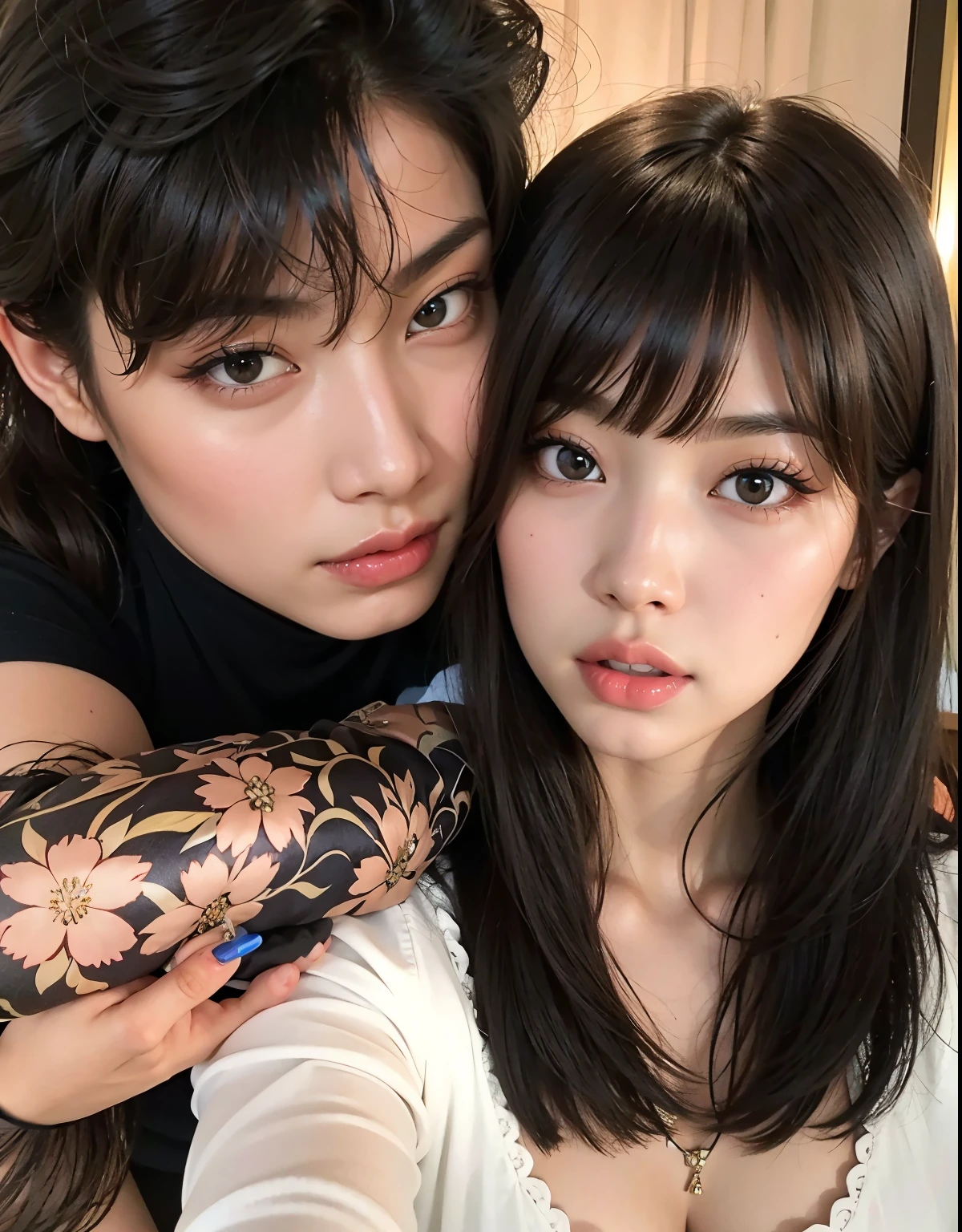 brunette couple, 1k, ethereal beauty, 16K maximum quality, higher quality, highest quallity, More perfect quality and details, Perfect face and beauty, long and perfect strands, perfect hair, beautiful threads, gorgeous hair, extreme perfection, perfect surreal quality, the highest possible resolution