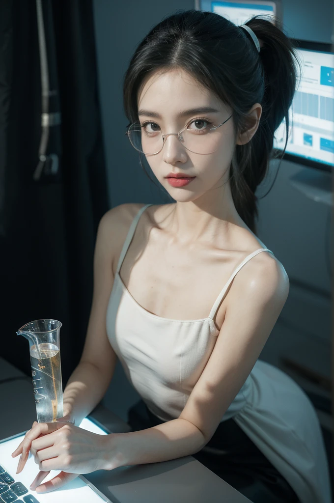 (((best quality))),(((ultra detailed))),(((masterpiece))),illustration,((1 beautiful girl,solo)),((slim,thin)),((small breasts,flat chest)),futuristic laboratory, ((stylish glasses,detailed eyes)), intelligence, white lab coat,(short ponytail:1.2), flawless skin, cyberpunk vibe, high-tech equipment, darkened lighting, high-altitude lamps, beakers, flasks, test tubes, computer screens, consoles, terminals, scientific wonderland, desolate surroundings, time warp, motionless, deep in concentration, profound scientific mystery, secrets of the universe, beauty, poignancy, essence of science, mystery, alluring appeal, captivating, enchanting