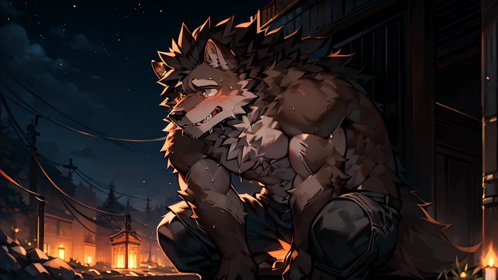 57
A hairy werewolf abandoned on the side of the road at night, muscular, athletic, sentimental, delicate features, bright colors, anime style, realistic, 8k, super detailed, representative, with scars and features. Bright eyes and teeth, tall and handsome, beautiful hair, special color. Tearful, unwilling, ragged, unhappy; Frustrated, crouched on the ground, weeping,sit on the ground, hold your legs. crying, Anime Style,The light is not bright, dirty,Detailed and colorful eyes,dim