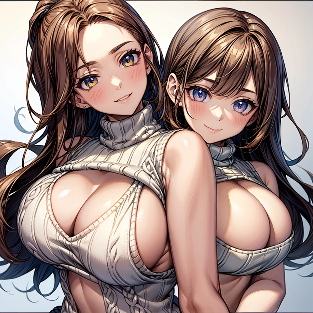 masterpiece, Highest quality, One girl, center parted hair、forehead,sholder length hair、medium hair、bright brown hair、virgin killer sweater, (sweater dress:1.2), ribbed sweater,sideboob,cleavage cutout, turtleneck sweater,(broen sweater:1.3),(crop top navel:0.8)、sleeveless,gentle smile、Very sexy、upper body,from front,huge breasts