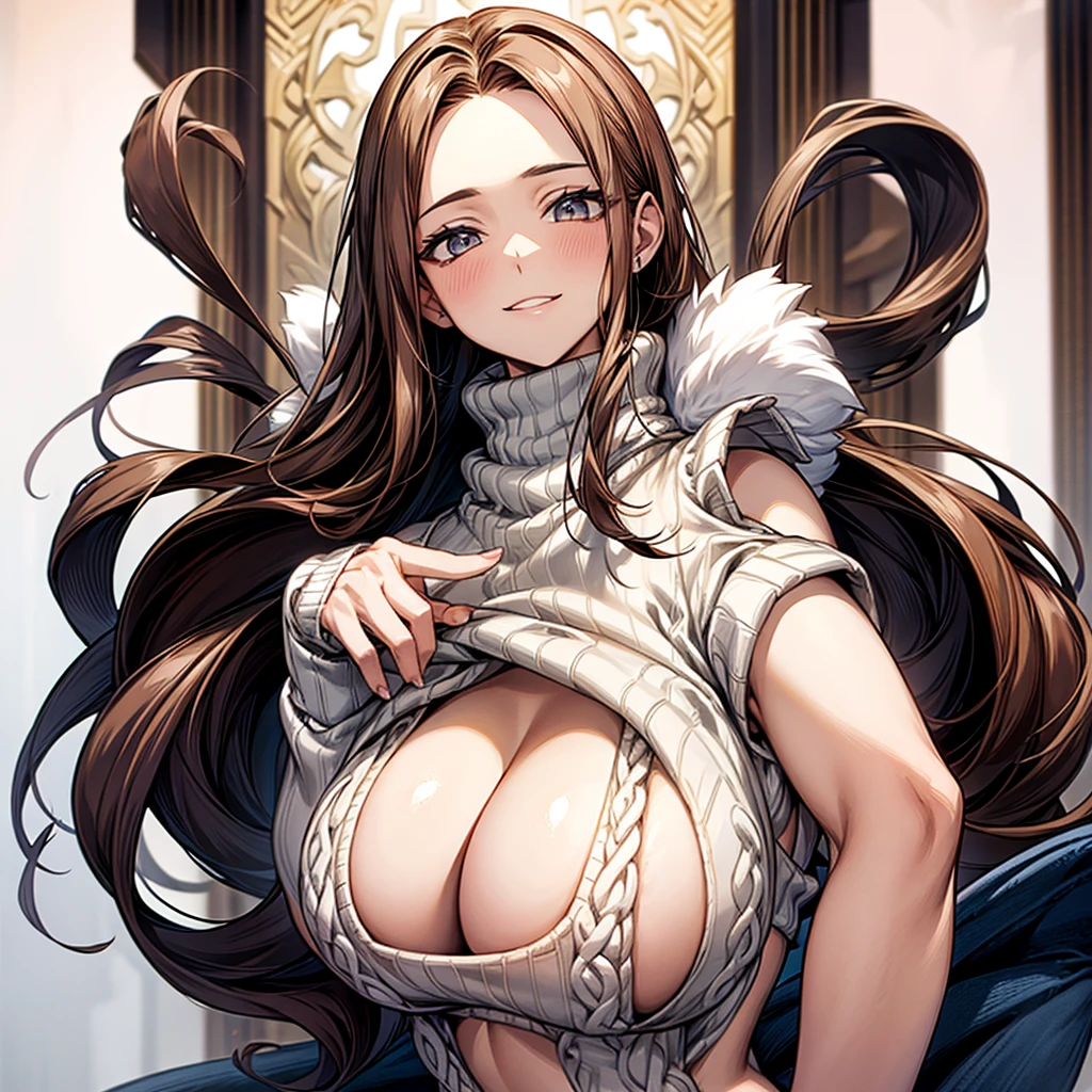 masterpiece, Highest quality, One girl, center parted hair、forehead,sholder length hair、medium hair、bright brown hair、virgin killer sweater, (sweater dress:1.2), ribbed sweater,sideboob,cleavage cutout, turtleneck sweater,(broen sweater:1.3),(crop top navel:0.8)、sleeveless,gentle smile、Very sexy、upper body,from front,huge breasts