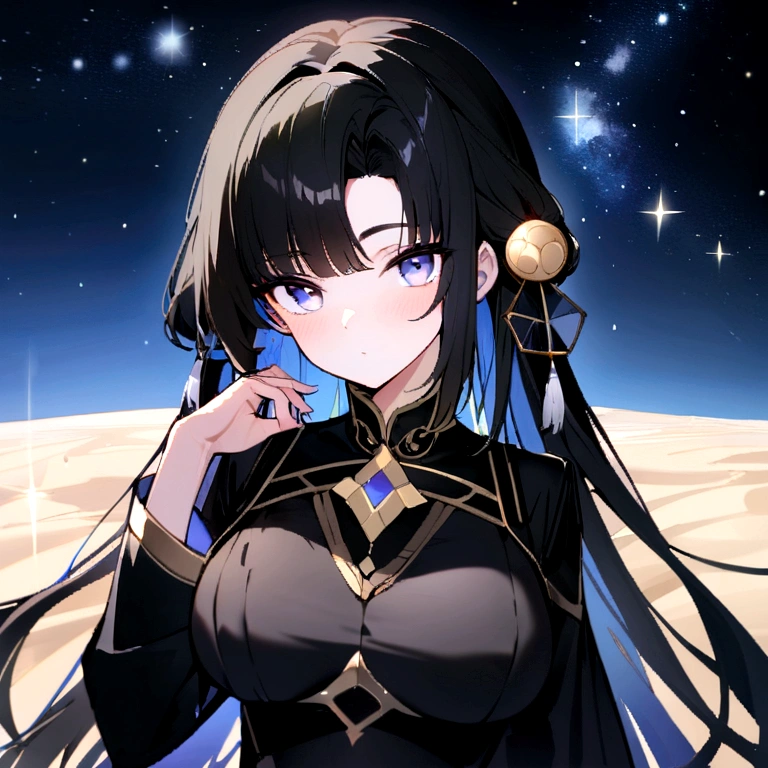 absurd ,masterpiece, Headquarters, 4K, Human Development Report, 最好of质量, 1girl exist center screen with beautifulface, 白色of_hair. (Black clothing:1.2),Deep Dark, Bangs, breast, Eyebrow_可见of_pass_hair, hair_Decorations, Light_particle, 长of_hair, Watching_exist_Viewer, 中等of_breast, dune表面, 独自of, space, Star_(Sky), Starry_Sky, Double tail, Very_长of_hair, of_Eye, 透明of, see-pass,(background_Gideon_主要of_dune:1.0), (无辜of脸:1.1), beautiful Eye, volumetric Lighting, 真实of阴影.