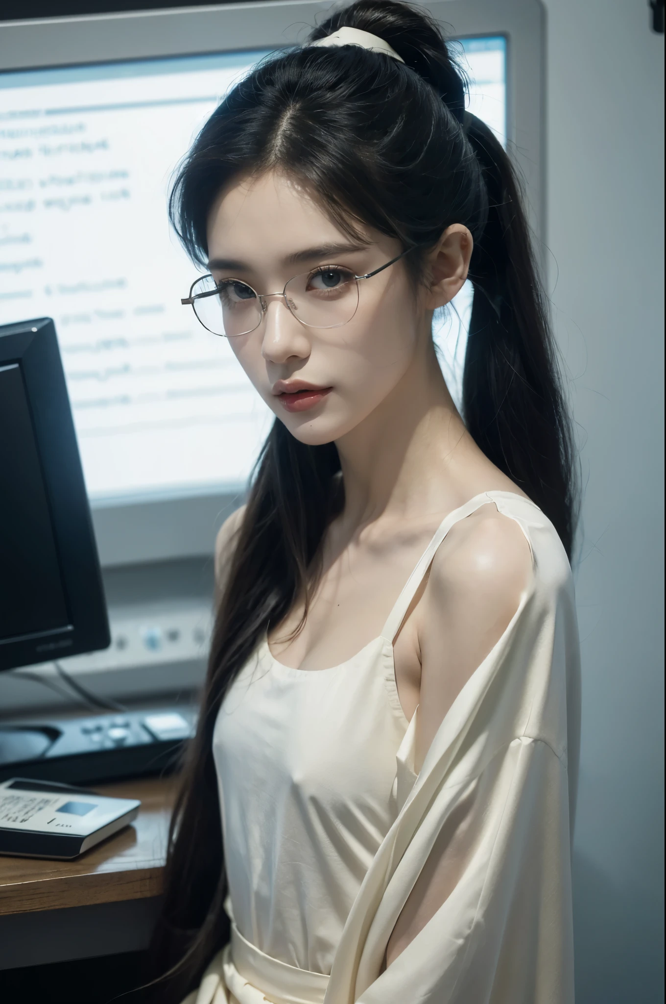 (((best quality))),(((ultra detailed))),(((masterpiece))),illustration,((1 beautiful girl,solo)),((slim,thin)),((small breasts,flat chest)),futuristic laboratory, ((stylish glasses,detailed eyes)), intelligence, white lab coat,(short ponytail:1.2), flawless skin, cyberpunk vibe, high-tech equipment, darkened lighting, high-altitude lamps, beakers, flasks, test tubes, computer screens, consoles, terminals, scientific wonderland, desolate surroundings, time warp, motionless, deep in concentration, profound scientific mystery, secrets of the universe, beauty, poignancy, essence of science, mystery, alluring appeal, captivating, enchanting