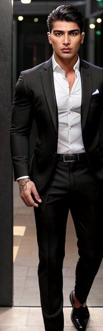 Create an 22 years old master piece handsome boy, with a realistce face and body, stylish short hair cut with a black colour, strong muscle and fitness body, realistic photo,rew image, wearing a suit or business trousers and business shoes, full body image , wakeing styli pose, hayper detailed pictures , Indian boy look