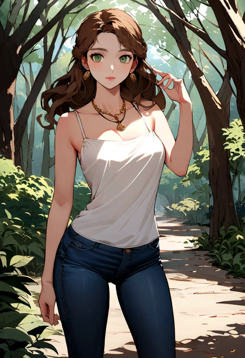 Woman of Argentinian origin with a white tank top and a necklace, brown hair and green eyes, a young women, , sans maquillage, Maquillage naturel, regarder directement la caméra, a background with lots of trees around it, wears tight jeans