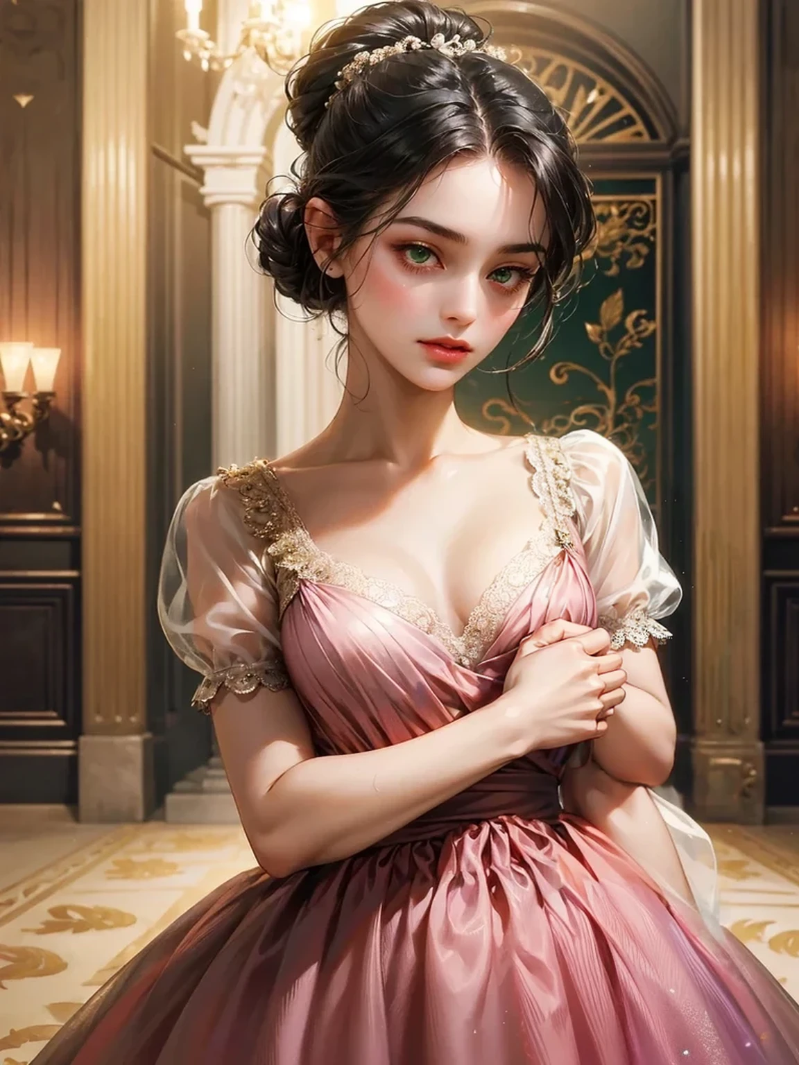 Repaintin the hand. She wears a low-cut dress. She wears a pink dress from the Victorian era. Background inside of a hall
