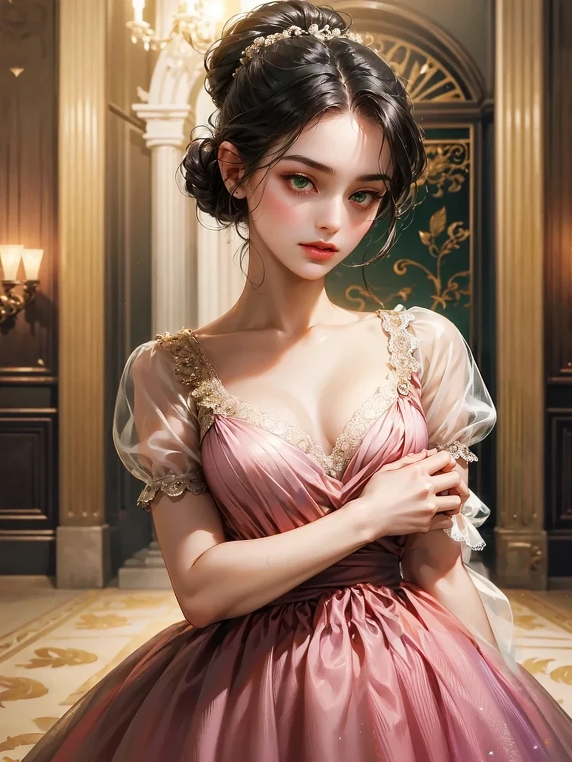 Repaintin the hand. She wears a low-cut dress. She wears a pink dress from the Victorian era. Background inside of a hall