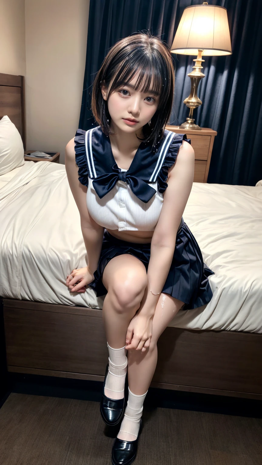 (8K, RAW Photos, Highest quality, masterpiece:1.3), (professional photography, full colors, studio-caliber color grading), (Gravure quality for high-end fashion magazines), sexy pose,(Details High quality, realistic depiction of eyes:1.3), (short bob hair), (Black Sailor Uniform, serafuku, Navy pleated skirt), (nup, see through, wet:1.2), huge breasts, black hair color, Big Natural Color Lip, bold sexy pose, crying a little、Harajuku style、20 year old girl、cute type、lolita、beautiful legs, in the hotel room, full body photo、focus on crotch, hposing Gravure Idol
