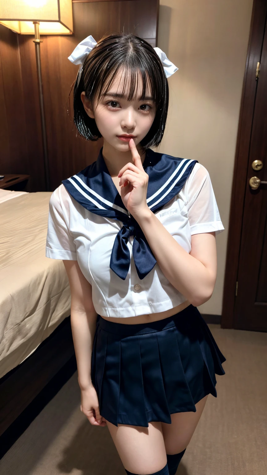 (8K, RAW Photos, Highest quality, masterpiece:1.3), (professional photography, full colors, studio-caliber color grading), (Gravure quality for high-end fashion magazines), sexy pose,(Details High quality, realistic depiction of eyes:1.3), (short bob hair), (Black Sailor Uniform, serafuku, Navy pleated skirt), (nup, see through, wet:1.2), huge breasts, black hair color, Big Natural Color Lip, bold sexy pose, crying a little、Harajuku style、20 year old girl、cute type、ta、beautiful legs, in the hotel room, full body photo、focus on crotch, hposing Gravure Idol