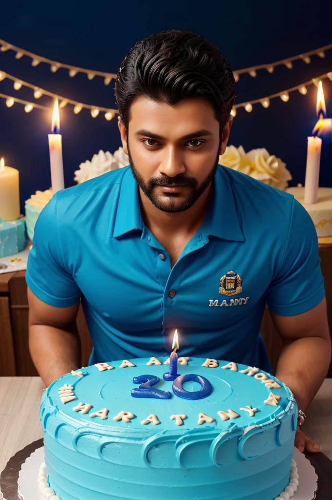 Create a 3d image in which a Men cutting Cake wearing blue color shirt with Name "Mamun" is written clearly on the Cake and 30 year candle burning on the Cake, image features with birthday decorated view, realistic image, background decorated with birthday items.