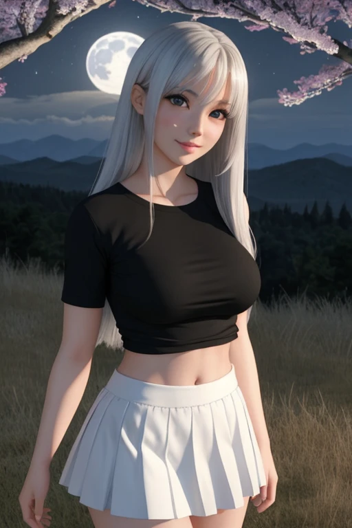 Long White haired anime girl with light blue eyes,black shirt,showing herstomach,short white skirt,cute,hot,beautiful,18 years old,revanimated,3d,cyberrealistic,DreamShaper,in the moonlight,on top of the mountain,beautiful night sky,hot posing near a cherry tree,closeup,black stripes on cheeks,JapanesedollLikeness,good quality,big breasts,nudev4