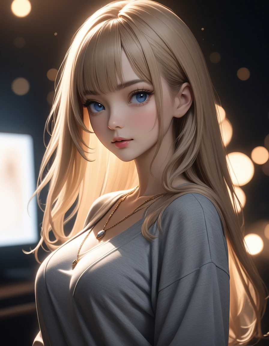 best quality, masterpiece, high resolution, A girl, blonde, Blue eyes, fashion clothing, necklace, jewelry, Pretty Face, Perfect breasts, more than_Body, Tyndall effect, lifelike, Dark Studio, Side lighting, Two-color lighting, (HD Skin:1.2), 8k Ultra HD, Soft Light, high quality, Volumetric Lighting, frank, photography, high resolution, 8k, Bokeh, short depth of field,,