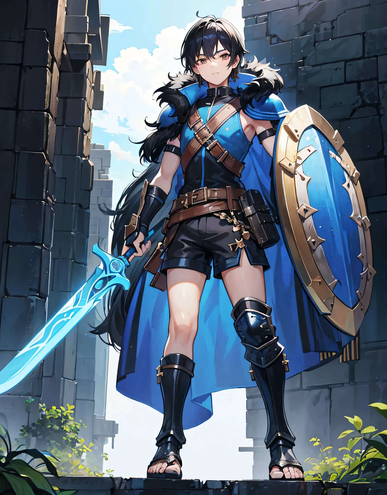Young boy with black hair, brown eyes and fair skin, innocent and happy, wearing neon blue barbarian fur tunic, black shorts, gauntlets and sandals, weilding sword and shield, blue armor, fullbody, medieval background, boyish athletic