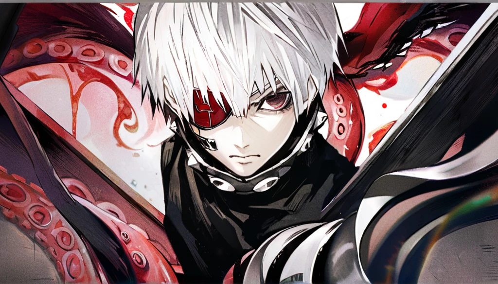 ```
ken kaneki, Tokyo Ghoul, white hair, black outfit, eyepatch, half-ghoul, serious expression, red kakugan eye, kagune tentacles, detailed face, high quality、Acrobatic、Wind-like sensation、
```