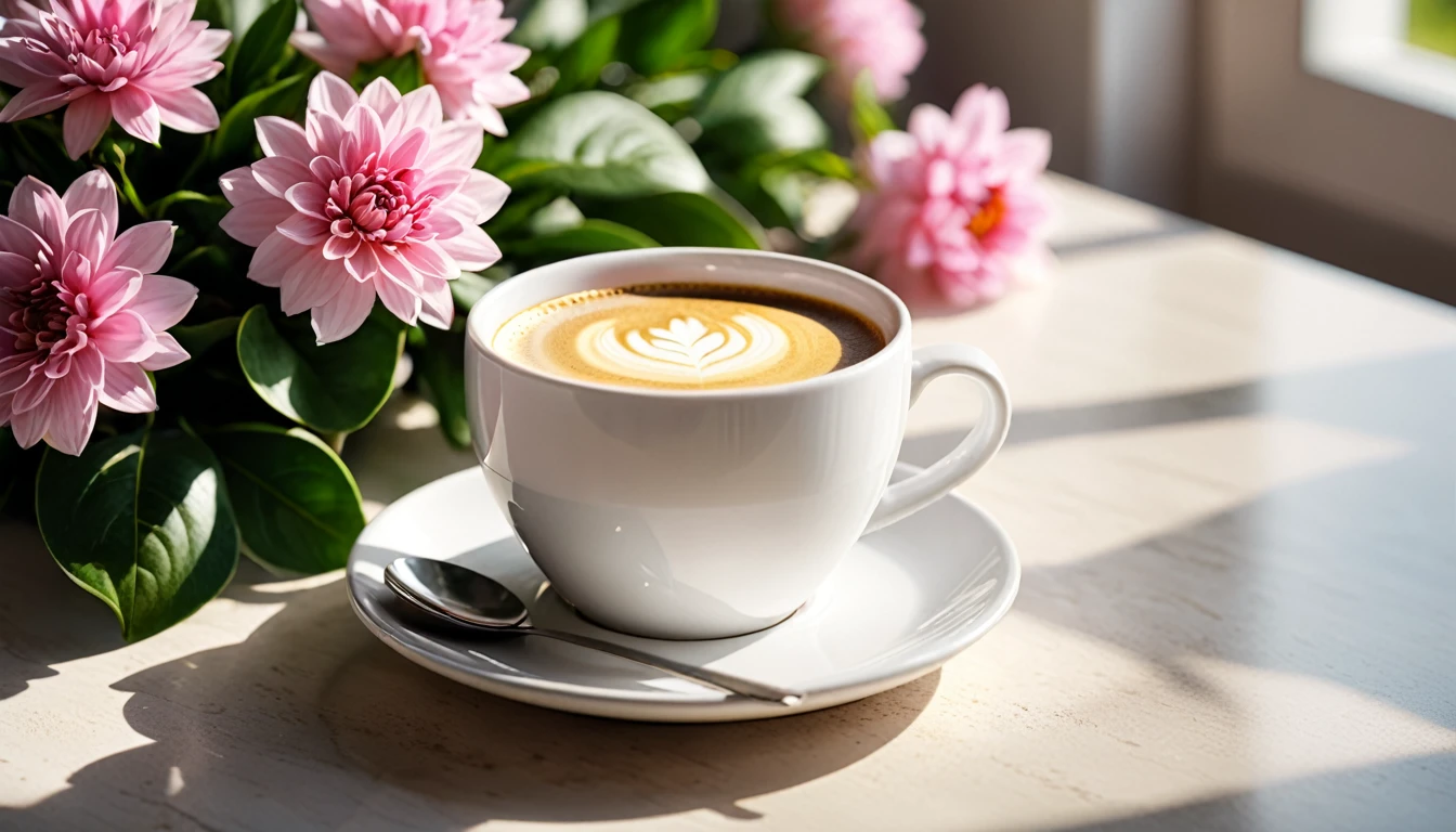 Best still life composition(best quality,4K,8K,High resolution,masterpiece:1.2),Super detailed,(Practical,photoPractical,photo-Practical:1.37),latté(clear focus、obvious)There is slight smoke in the white ceramic cup.Artist coffee impression.White sweater with clear texture，Wrinkles arranged randomly...Sophisticated and elegant.A bouquet of bright, light pink flowers laid flat from above(Lying flat on the table.From top to left.Make space on your desk)..Modern style cafe bokeh background.Super detailed.（Super quality，Super detailed，Ultra-complex，Extremely complex）Soft and natural light and shadow.Reverse fragrance.no humans.Ultra wide angle, (Detailed texture),Background covered with film grain, natural soft light,(Morning Scene.warm sunshine in the morning)Ray tracing, Vignette, Wide-angle lens, Ultra wide angle, best qualitycinematic lighting, Depth of Field, outer boundary, Negative space, Letterbox header image