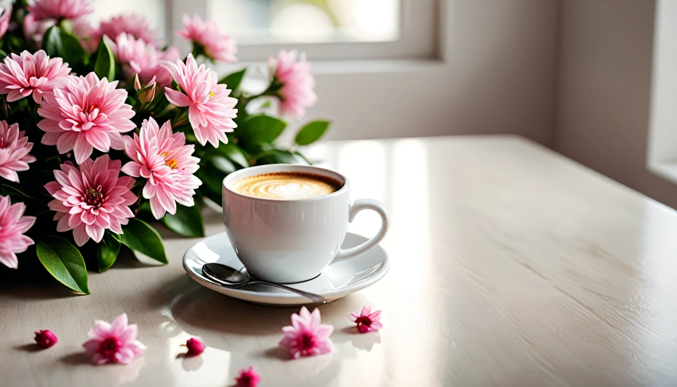 Best still life composition(best quality,4K,8K,High resolution,masterpiece:1.2),Super detailed,(Practical,photoPractical,photo-Practical:1.37),latté(clear focus、obvious)There is slight smoke in the white ceramic cup.Artist coffee impression.White sweater with clear texture,Wrinkles arranged randomly...Sophisticated and elegant.A bouquet of bright, light pink flowers laid flat from above(Lying flat on the table.From top to left.Make space on your desk)..Modern style cafe bokeh background.Super detailed.(Super quality,Super detailed,Ultra-complex,Extremely complex)Soft and natural light and shadow.Reverse fragrance.no humans.Ultra wide angle, (Detailed texture),Background covered with film grain, natural soft light,(Morning Scene.warm sunshine in the morning)Ray tracing, Vignette, Wide-angle lens, Ultra wide angle, best qualitycinematic lighting, Depth of Field, outer boundary, Negative space, Letterbox header image