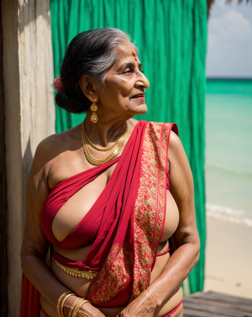 Old desi woman in mini black bikini, large breast