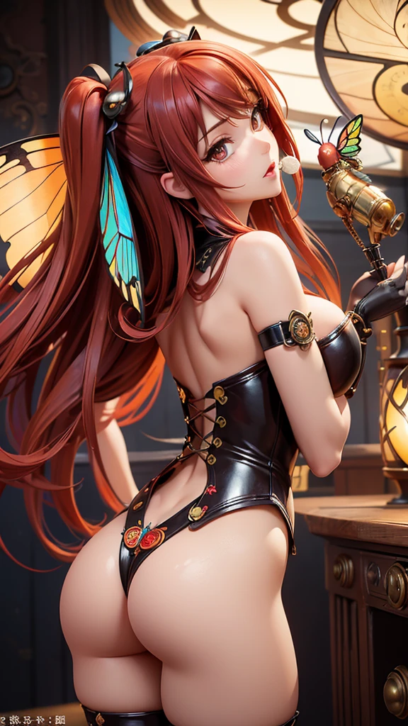 (highest quallity:1.3)。Steampunk。Mechanical fairy。red long hair。Beautiful BUBBLEBUT butterfly wings, standing backwards, new, naked, delicious, Prostitute, Round ass, safada, bunda delicious, drooling semen, Having oral sex, perfect ass, big-ass
