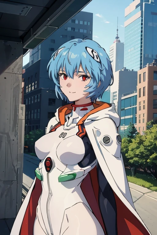 masterpiece, best quality, 1girl, ayanamirei, plugsuit, interface headset, looking at viewer, light smile, city park, upper body, arms_behind_back, hooded white cloak, cape