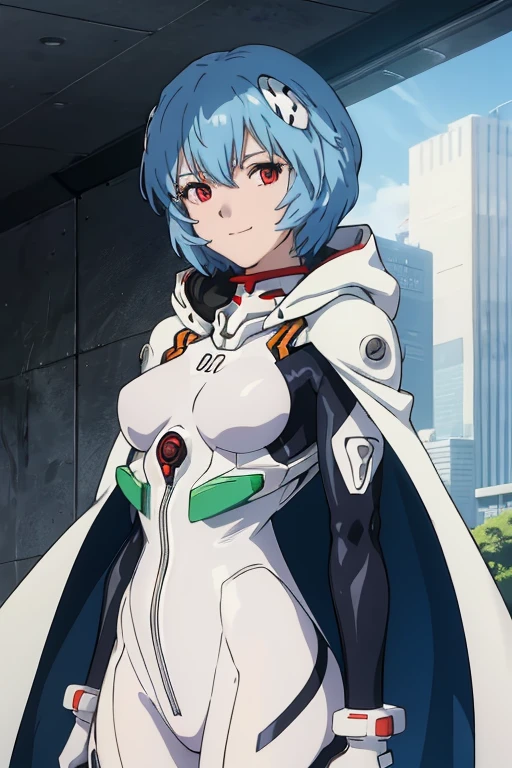 masterpiece, best quality, 1girl, ayanamirei, plugsuit, interface headset, looking at viewer, light smile, city park, upper body, arms_behind_back, hooded white cloak, cape
