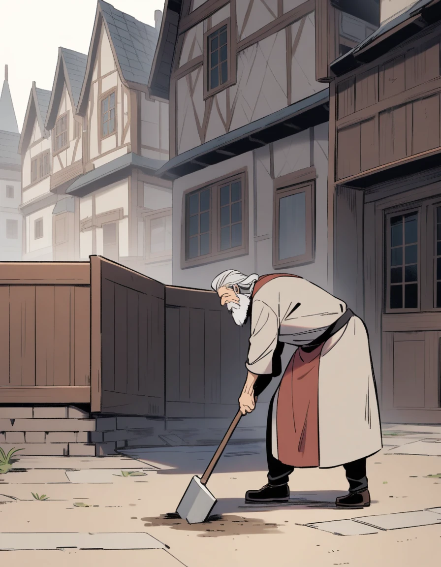 Old man with beard and old tunic with a sledgehammer in his hand making the movement of building something, placing a small stake in the ground ((side image))