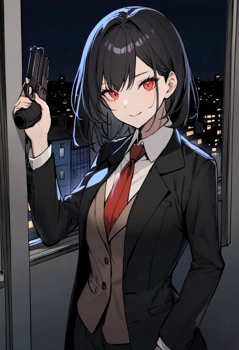 1girl, short black hair, red eyes, a slightly blood-stained formal suit, night, looking from an apartment window, holding a handgun, slightly smiling