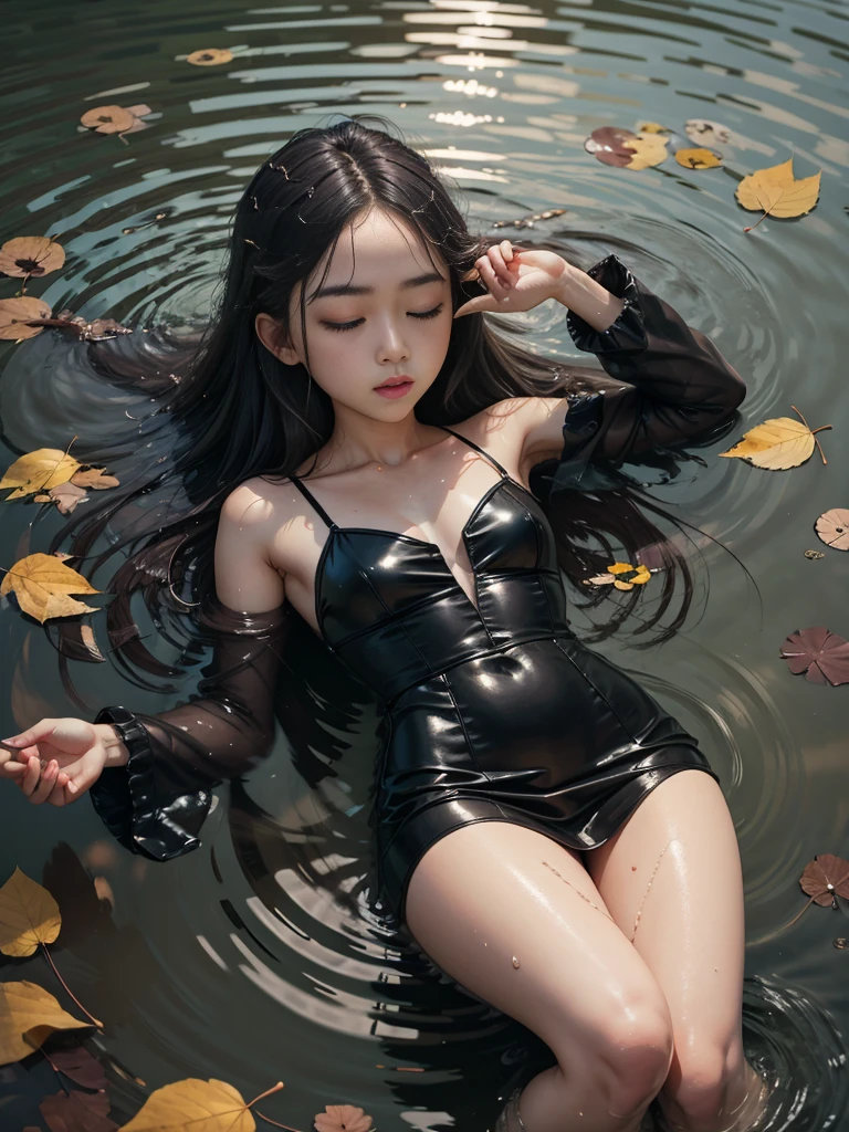 -girl, long black dress with straps, eyes closed on the river, murky water, falling leaves, dark tone-
