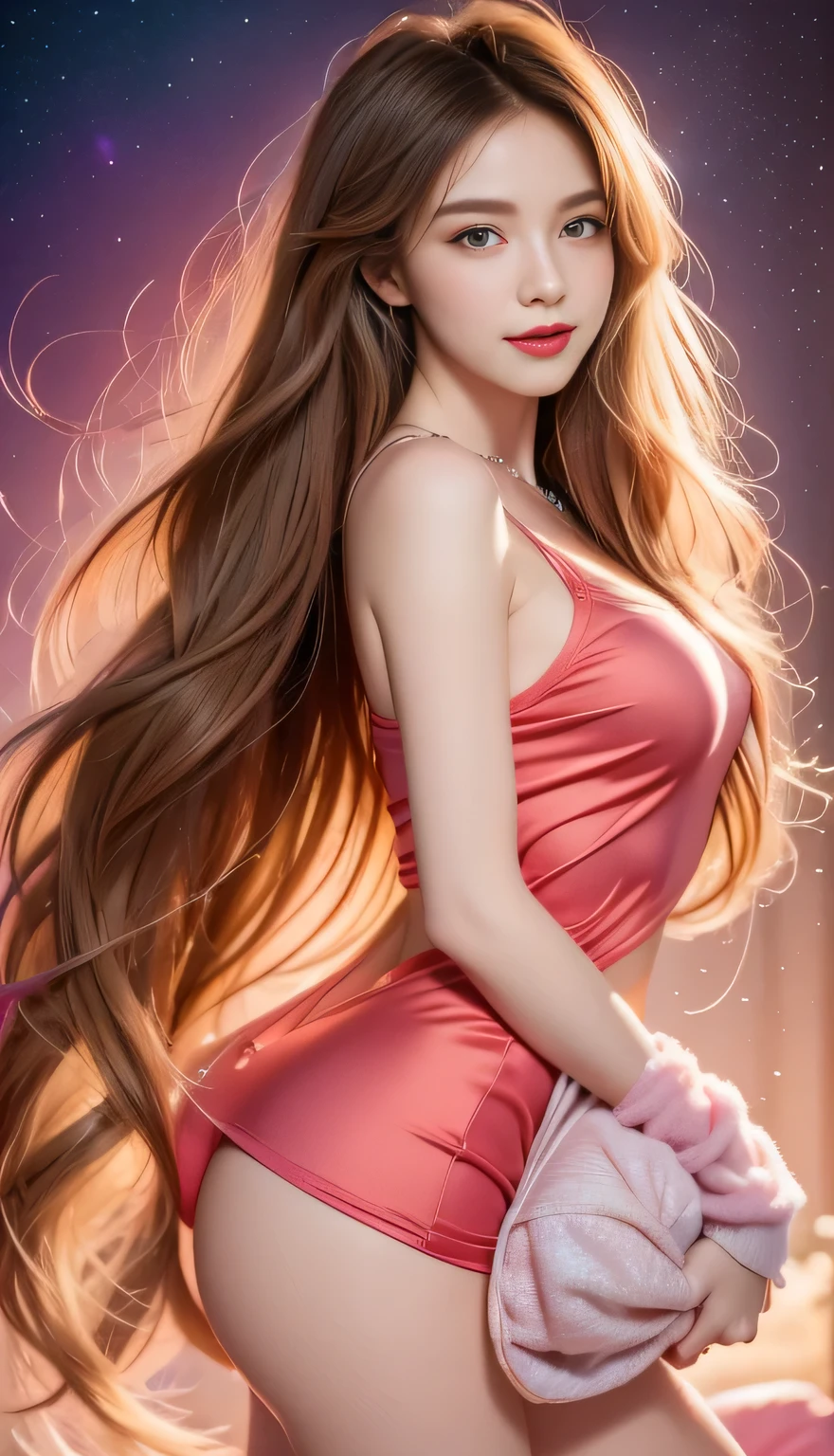 hair bobbles, wince, longeyelashes, solid circle eyes, light smile, ear blush, fang, ccurate, Surrealism, drop shadow, anaglyph, stereogram, tachi-e, ass pov, atmospheric perspective, 8K, super detail, best quality, award winning, super detail, anatomically correct, uhd, retina, masterpiece, textured skin, high details, best quality, highres, high quality, accurate，Close-up of a woman with Colorful hair and necklace, Universe long hair anime girl, The soft vibrancy of Rossdraws, Guvez-style artwork, Fantasy art style, Colorful], Vibrant fantasy style, Rossdraws Vibrant cartoons, cosmic and Colorful, Gu Weiss, Colorful digital fantasy art, Stunning art style, Beautiful anime style, Full body lighting, Skin brightening, Sexy expressions