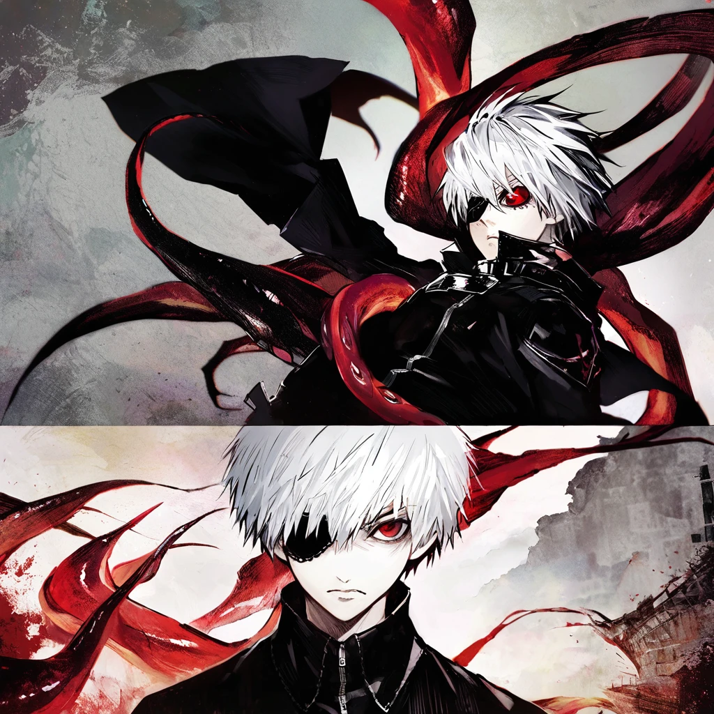 ```
ken kaneki, Tokyo Ghoul, white hair, black outfit, eyepatch, half-ghoul, serious expression, red kakugan eye, kagune tentacles, detailed face, high quality、Acrobatic、Wind-like sensation、
```