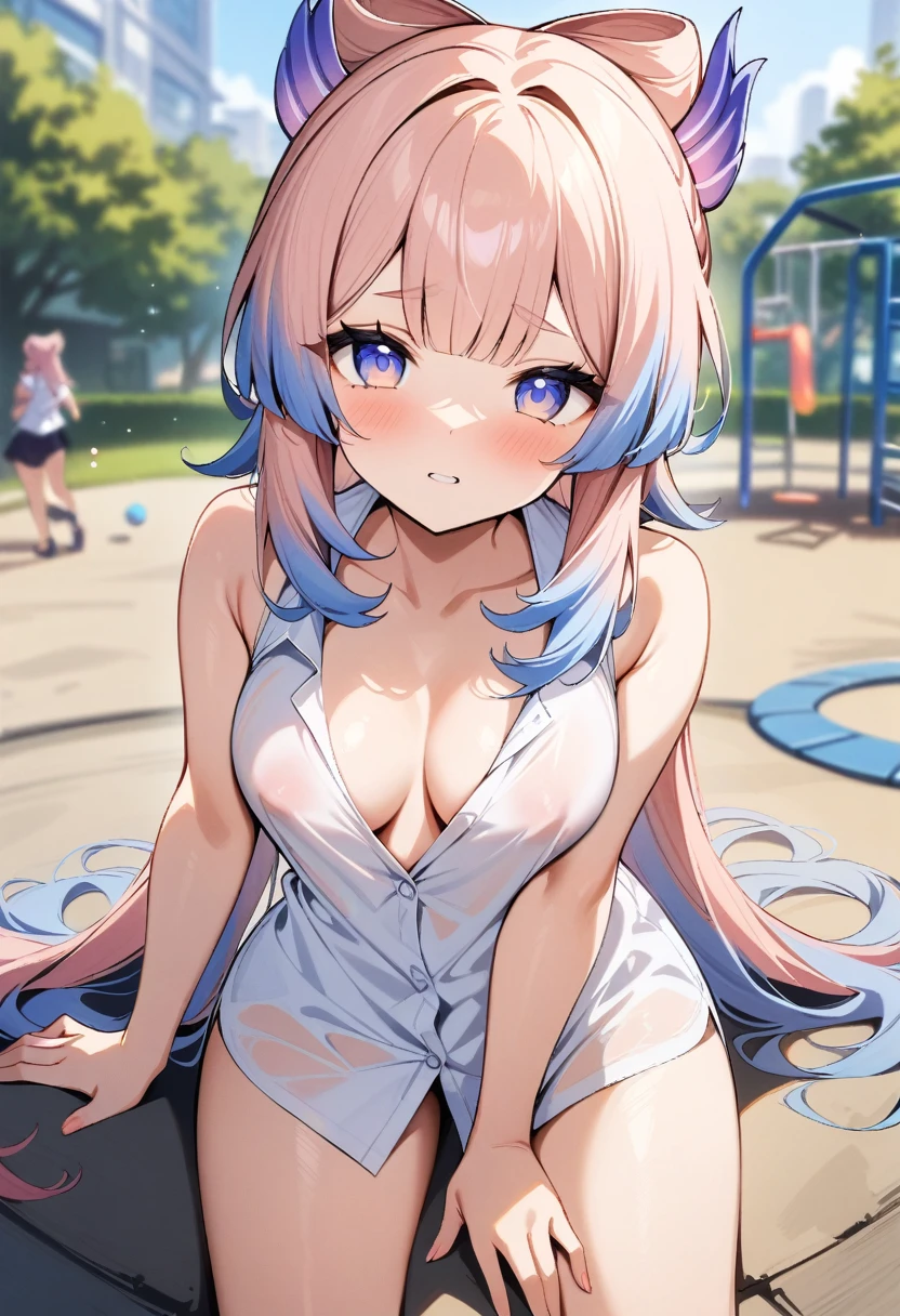 masterpiece, best quality, very aesthetic, absurdres, newest,1girl,naked_shirt, covered_nipples, ,sangonomiya_kokomi(genshin_impact), blue_hair, pink_hair, multicolored_eyes, long_hair, bow-shaped_hair, colored_tips,,,in a playground