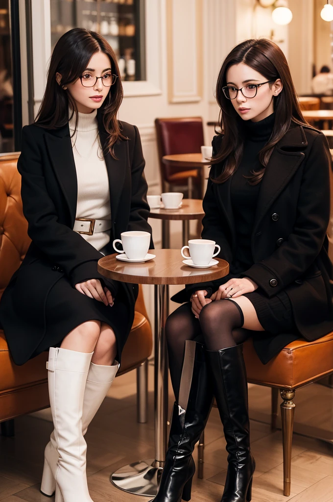 Create a brunette woman with straight long hair sitting in a café in Paris, wearing a black coat and white boots and prescription glasses. With another woman sitting just next to her with a short curly hair, a burgundy dress and black boots and round prescription glasses.
