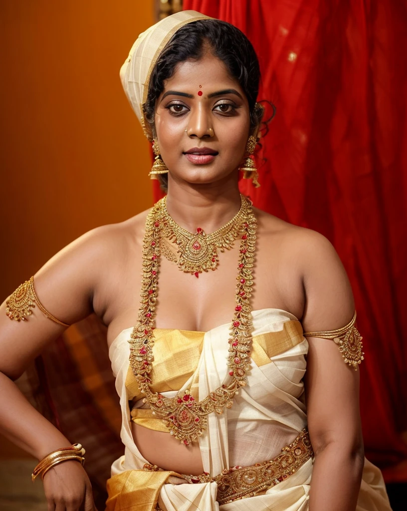 An Extremely gorgeous and beautiful Bengali village woman, 48 yo, pale white skin, sensual appealing body, perfect thick and chubby Beauty, wearing saree bare-chested, wearing a Bengali-style saree without a blouse,, ethnic vintage bengali village woman, bengali style saree, The sari was worn without a blouse and petticoat before the British Raj, baring one's chest or being blouseless, Bengalis a.k.a. Bongs are known for their unique Bengali fashion sense (the way they don that sari makes you go wow), Pre British Raj, Pre colonial era, Bengali Woman draping sari without blouse is a normal thing in pre British Era, bong woman,