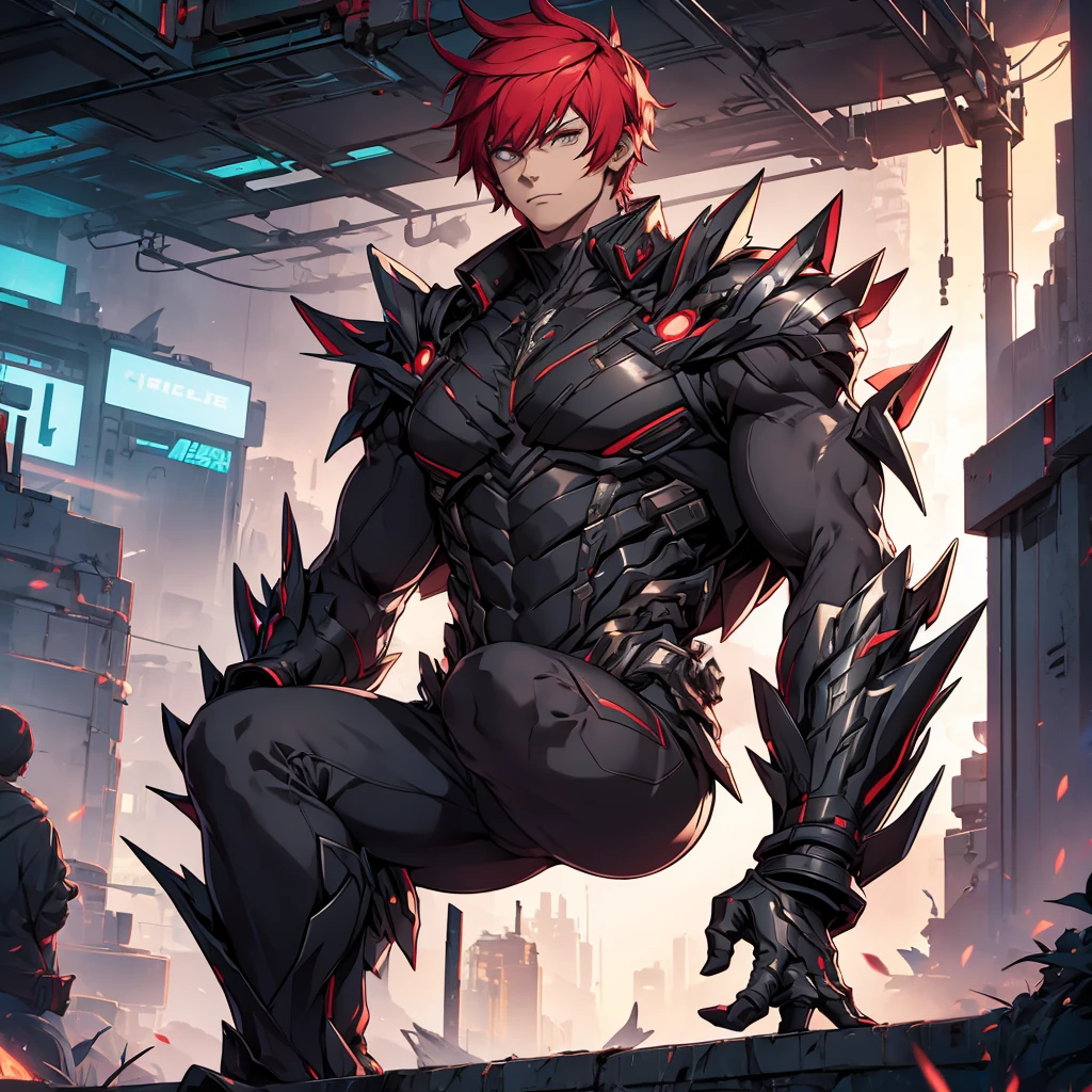 male character. in black clothes. in a futuristic setting. strong. wears futuristic cyberpunk-style armor.