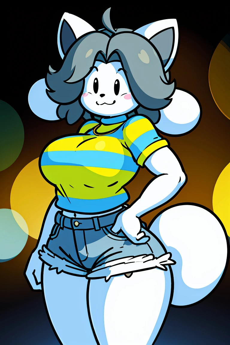 Temmie, cartoon character, grey hair, striped shirt, jean shorts, tall, black spot on eye, detailed, giant, delkz face, 4k, 8k, high resolution, masterpiece, ultra-detailed, HDR, UHD, studio lighting, ultra-fine painting, sharp focus, physically-based rendering, extreme detail description, professional, vivid colors, bokeh, character design, pose, fantasy, tail.