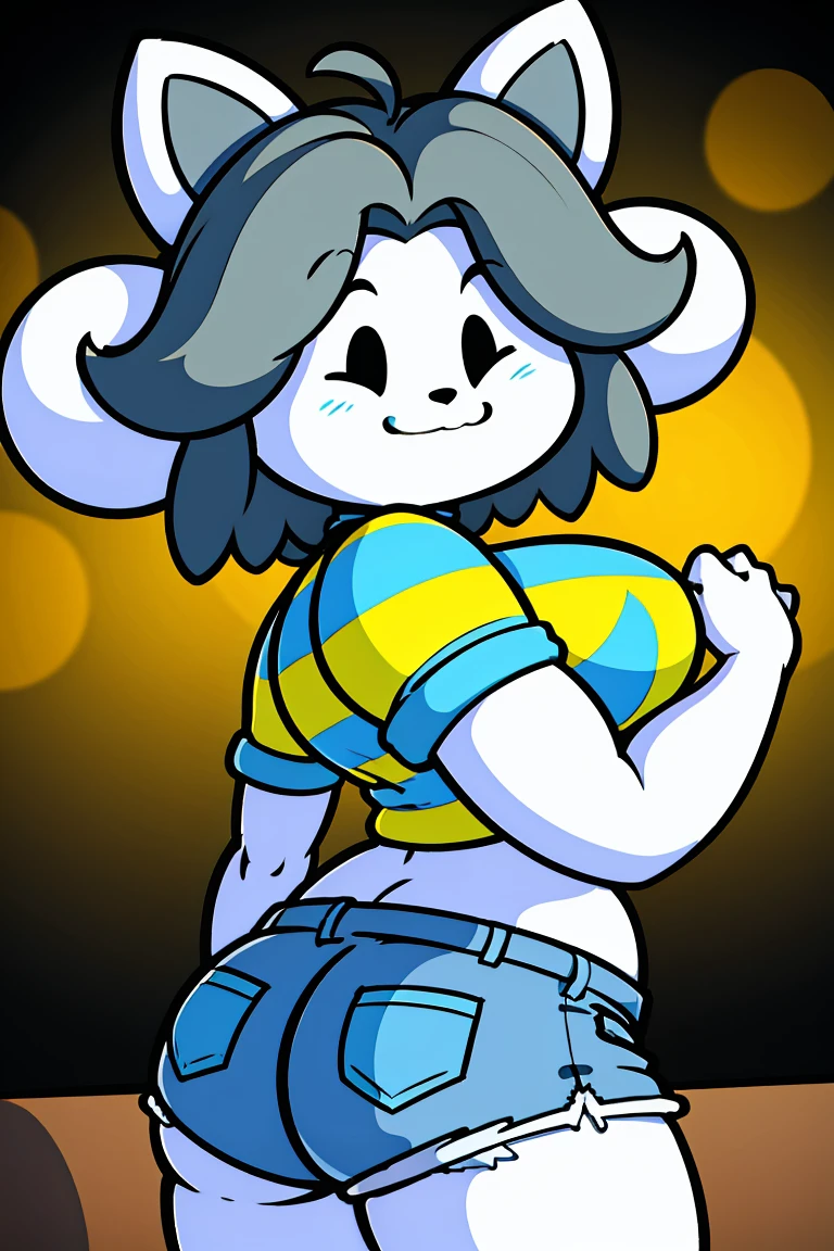 cute cartoon character temmie, grey hair, striped shirt, jean shorts, tall, muscular, cropped, black spot eye, detailed, corpão gostoso, alta, gigante, rosto delkz, 4k, 8k, highres, masterpiece:1.2, ultra-detailed, realistic, photorealistic, photo-realistic:1.37, HDR, UHD, studio lighting, ultra-fine painting, sharp focus, physically-based rendering, extreme detail description, professional, vivid colors, bokeh, cartoon, character design,  pose, fantasy