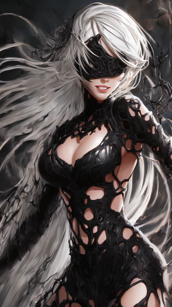 Epic CG masterpiece, hdr,DTM, full ha,8K, ultra detailed graphic tension, dynamic poses, stunning colors, 3D rendering, Surrealism, cinematic lighting effects, Realism, 00 renderer, super realistic, Super view, super wide Angle, HD
blury background,automata inspired、dark,Nier Automata Characters、Nier Automata Cosplay、(High Resolution、4K、highest quality) Inspired by Nier、A girl in a black outfit holding a sword: Automata。Girls、((Both eyes are completely covered with a black blindfold.))、Delicate and beautiful silvery white short hair、Infected by the symbiote,Beautiful detailed lips、And has a highly detailed face with fine skin texture。,symbiote,The girl&#39;s black outfit is made of shiny leather material.Symbiote-infected clothing、Gives a stylish and futuristic look。、Reflecting sunlight。The blade is intricately engraved、The craftsmanship shines through。Girl&#39;s hair blowing in the wind、Adds dynamic movement to the scene。The overall image is realistic and photorealistic.dark fantasy,Sharp focus and vibrant colors、Enhances visual impact。This artwork is from Nier : It captures the essence of Automata.Symbiote、It pays tribute to the iconic character 2b.。,
depth of field,An ultrarealistic full body photo of woman in fighting venom symbiote, black venom symbiote tentacles, laying deep in dark black liquid , evil smile, evil glowing eyes, hyper realistic, 8K,
1gir, solo,lips, (shiny skin:1.5)skin tight,grey eyes,
spider web print,
