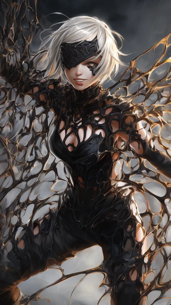 Epic CG masterpiece, hdr,DTM, full ha,8K, ultra detailed graphic tension, dynamic poses, stunning colors, 3D rendering, Surrealism, cinematic lighting effects, Realism, 00 renderer, super realistic, Super view, super wide Angle, HD
blury background,automata inspired、dark,Nier Automata Characters、Nier Automata Cosplay、(High Resolution、4K、highest quality) Inspired by Nier、A girl in a black outfit holding a sword: Automata。Girls、((Both eyes are completely covered with a black blindfold.))、Delicate and beautiful silvery white short hair、Infected by the symbiote,Beautiful detailed lips、And has a highly detailed face with fine skin texture。,symbiote,The girl&#39;s black outfit is made of shiny leather material.Symbiote-infected clothing、Gives a stylish and futuristic look。、Reflecting sunlight。The blade is intricately engraved、The craftsmanship shines through。Girl&#39;s hair blowing in the wind、Adds dynamic movement to the scene。The overall image is realistic and photorealistic.dark fantasy,Sharp focus and vibrant colors、Enhances visual impact。This artwork is from Nier : It captures the essence of Automata.Symbiote、It pays tribute to the iconic character 2b.。,
depth of field,An ultrarealistic full body photo of woman in fighting venom symbiote, black venom symbiote tentacles, laying deep in dark black liquid , evil smile, evil glowing eyes, hyper realistic, 8K,
1gir, solo,lips, (shiny skin:1.5)skin tight,grey eyes,
spider web print,
