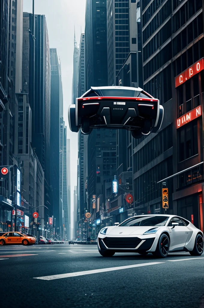 Car without wheels in futuristic city