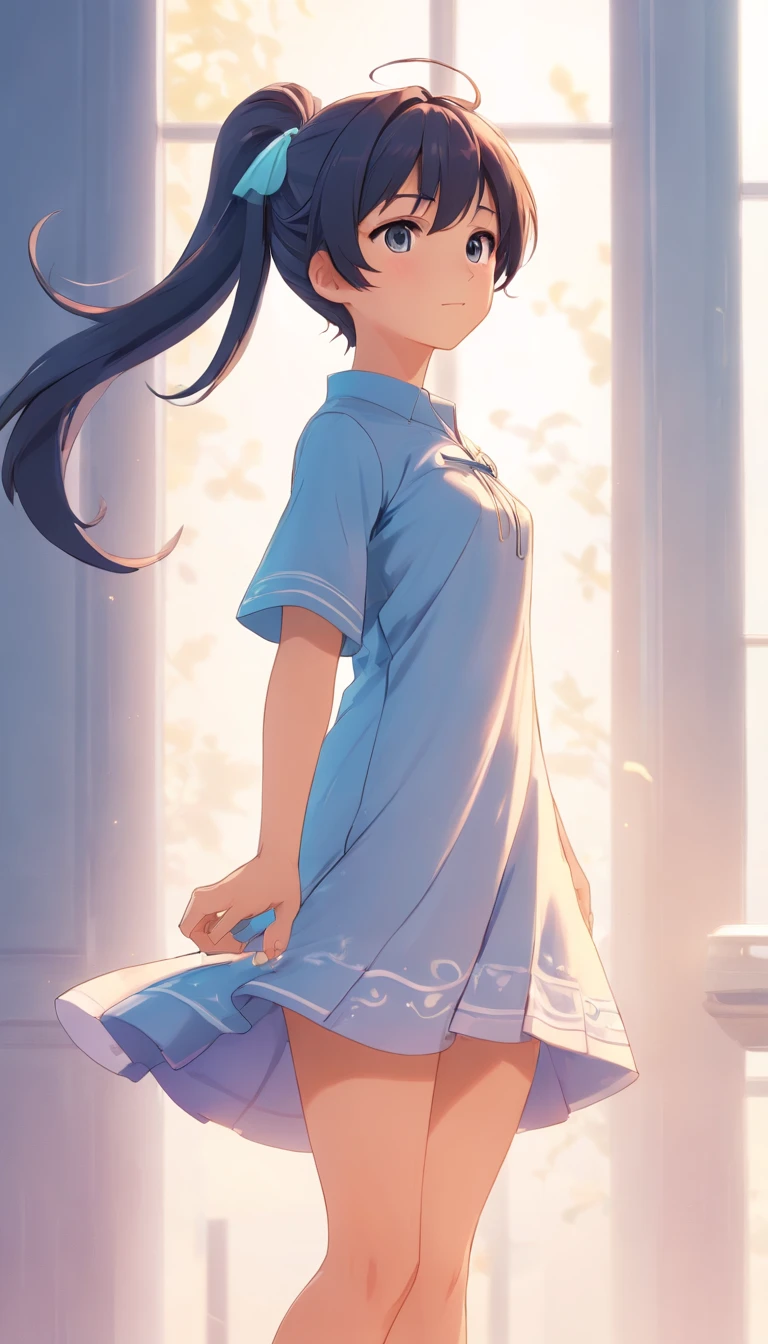 Drawing of one with ponytail and dress, cute 3d rendering, cute detailed digital art, mini cute girl, cute digital painting, Stylized 3D rendering, cute digital art, cute rendering 3d anime girl, small curve , cute! C4D, A single full-body character, Standing on a white base