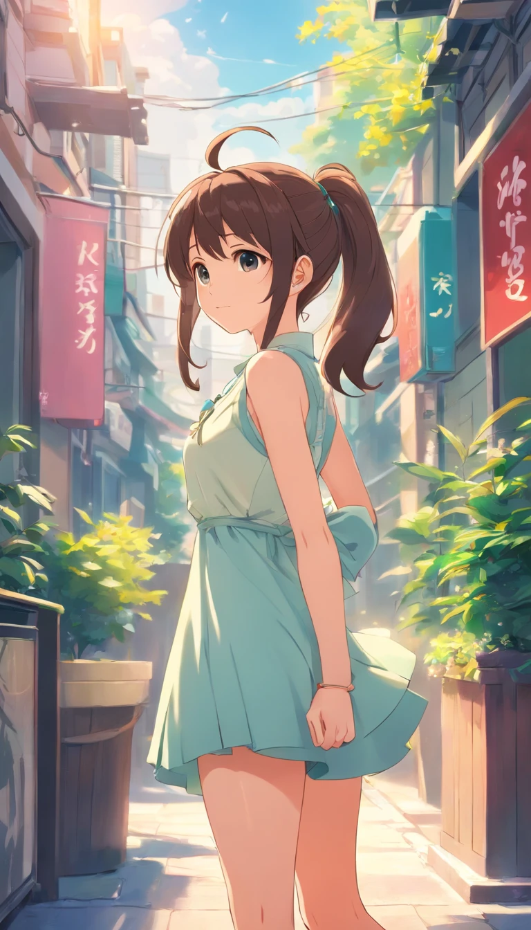 Drawing of one with ponytail and dress, cute 3d rendering, cute detailed digital art, mini cute girl, cute digital painting, Stylized 3D rendering, cute digital art, cute rendering 3d anime girl, small curve , cute! C4D, A single full-body character, Standing on a white base