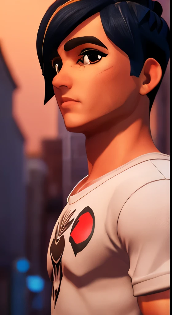 Masterpiece, best quality, high quality, very detailed, 8k character design, (real cartoon, intricate details), 1 boy, solo male, Italian, European boy, 21 years old, chocolate dark skin, black boy, light wood colored hair, medium hair, completely short hairstyle, masculine haircut, square shaped face, chubby face, round expressive eyes, burgundy eyes, broad and slightly crooked nose, short height, normal physique, wearing a black shirt, sleeves up shirt, face only, portrait style, night city in background, high detailed, Disney style, zagtoon style, miraculous ladybug style, artstation intricate, animated