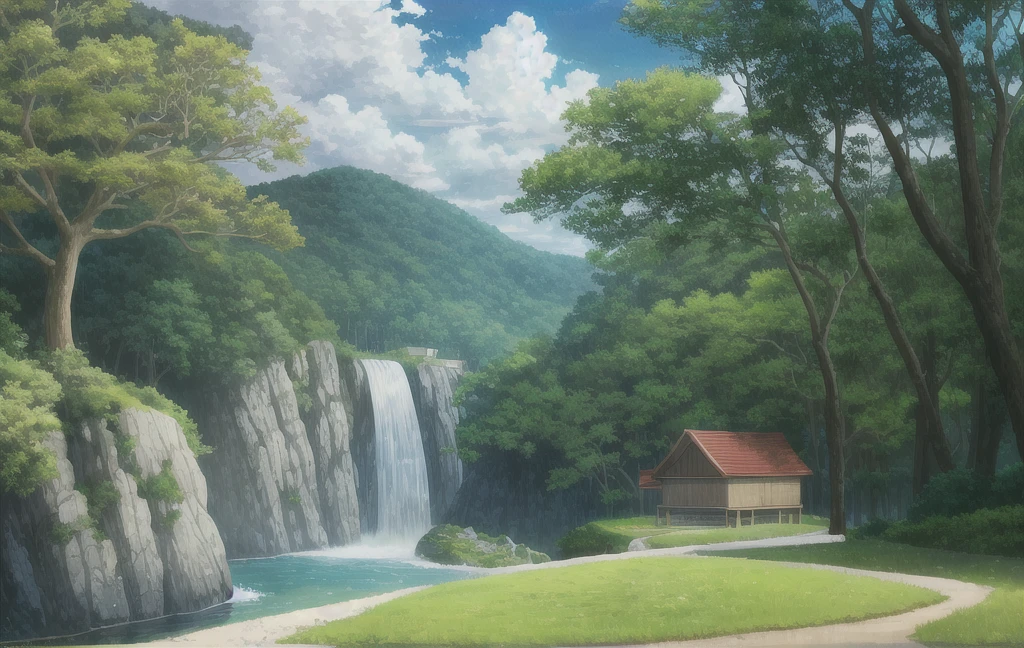 scenery, forest, village, well, sky, clouds (anime styling) with a naughty smile, Asian, branco como a neve, brawny, androgynous, black mullet hair , (style anime) sexly